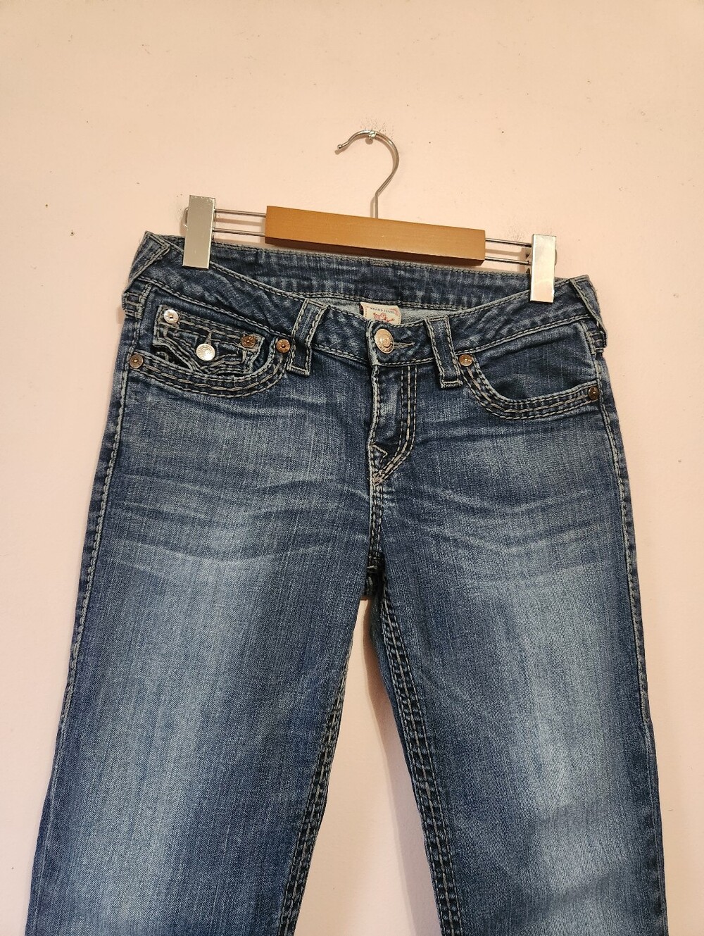 True Religion Y2K Thick Stitch Flap Pocket Bootcut Jeans Medium Wash Size 28 - Picture 2 of 11